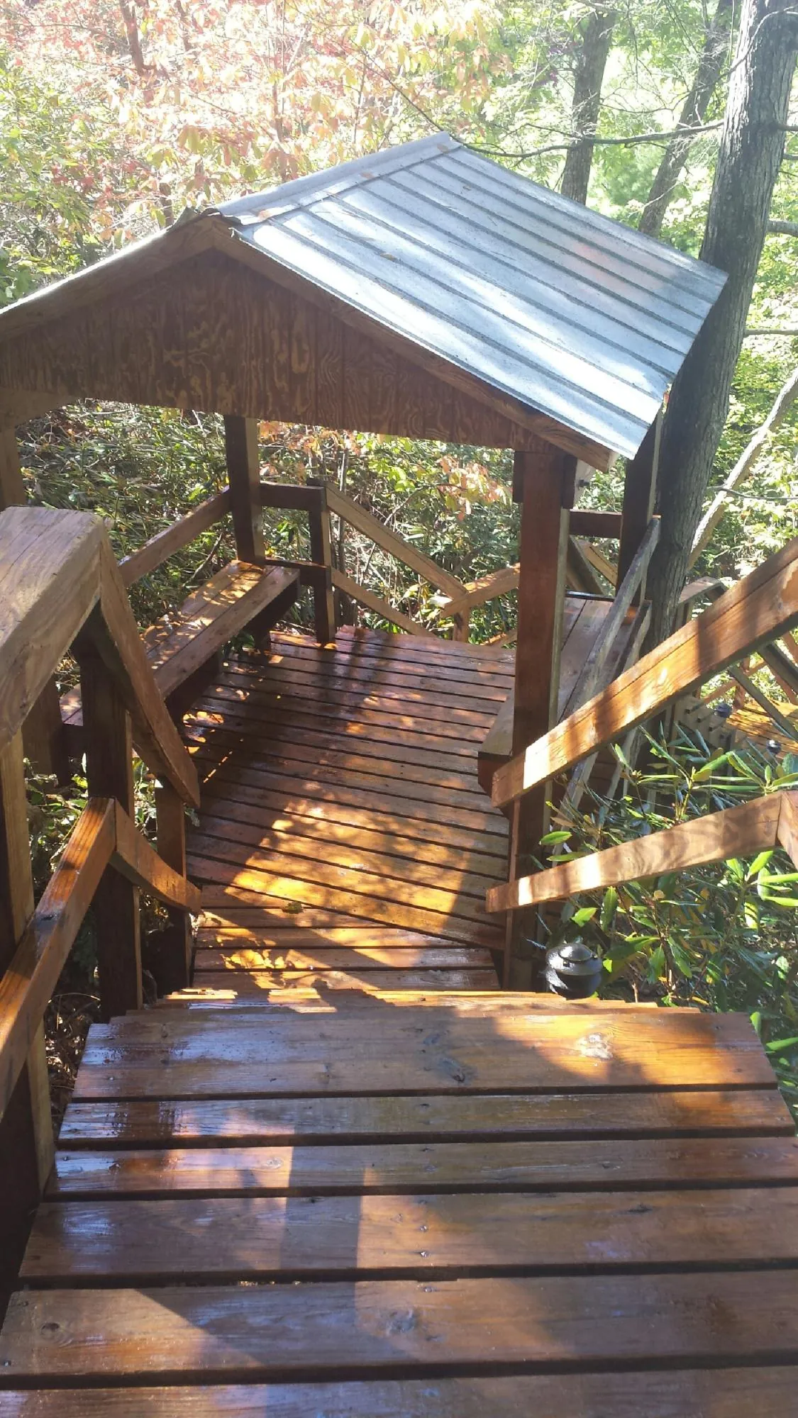 Freshly stained wood walkway and covered shelter with a metal roof in Livingston
